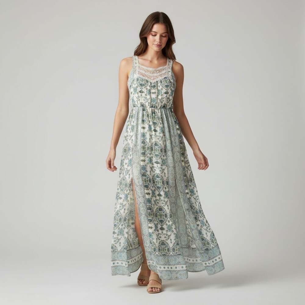 Free People First Kiss Maxi Dress Size 12 Cream Teal Boho Lace Back